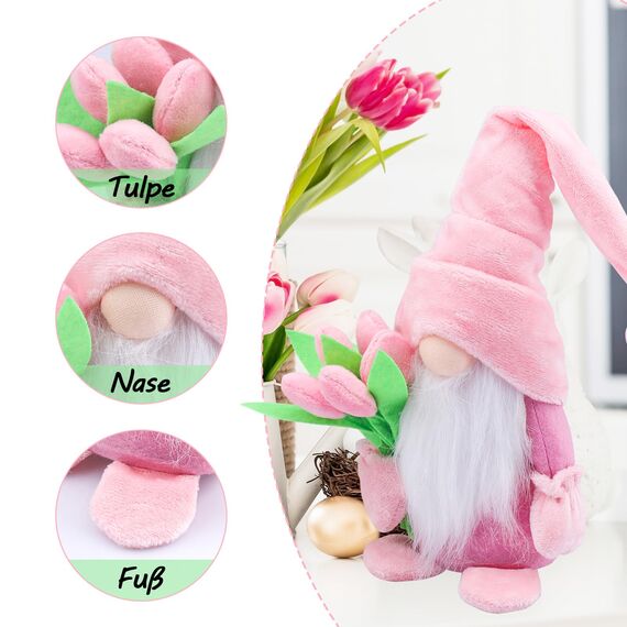 ENLACE Frühling Wichtel mit Tulpen Blumensträuße, Muttertag Wichtel, Handgefertigte Frühlingsdeko Puppe Zwerg Dekorationen, für Freundin Mama Hochzeitstag Muttertag, 2 Stück
