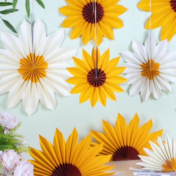 SUNBEAUTY 9 Stück Sonnenblumen Papierfächer Party Dekoration Gelb Seidenpapier Fächer Beige Hängende Girlande für Geburtstag Hochzeit Tischdeko Abschluss Party Deko