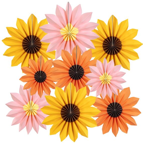 SUNBEAUTY 9 Stück Sonnenblumen Papierfächer Rosa Party Dekoration Seidenpapier Fächer Orange Hängende Girlande für Geburtstag Hochzeit Tischdeko Abschluss Party Deko