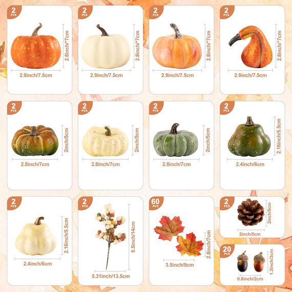 Benjia 102 Stück Künstliche Kürbisse Herbstdekorationsset, Gefälschte Kürbisse Ahornblättern Tannenzapfen für Innen Außen Herbsternte Halloween Erntedankfest Dekoration (Cremegrün)