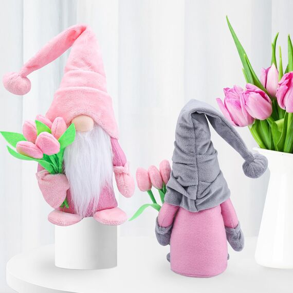 ENLACE Frühling Wichtel mit Tulpen Blumensträuße, Muttertag Wichtel, Handgefertigte Frühlingsdeko Puppe Zwerg Dekorationen, für Freundin Mama Hochzeitstag Muttertag, 2 Stück