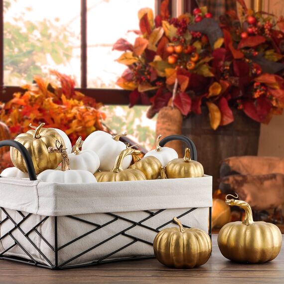 Benjia Kürbis Herbst Deko Dekoration Draußen, Weiß und Gold Kürbisse Zierkürbisse Herbstdeko Herbstdekorationen Halloween 16 Stück