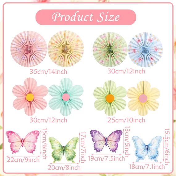 SUNBEAUTY 12 Stück Papier Fächer Dekoration Hanging Girlande Schmetterling Blumen Papierfächer Gartenparty deko Set für Hochzeit Geburtstag Tea Party Tischdeko Classroom Baby Shower Fasching Deko