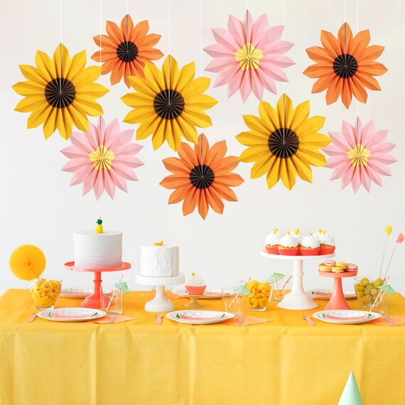 SUNBEAUTY 9 Stück Sonnenblumen Papierfächer Rosa Party Dekoration Seidenpapier Fächer Orange Hängende Girlande für Geburtstag Hochzeit Tischdeko Abschluss Party Deko