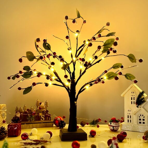 Weihnachtsdeko Lichterbaum Für Innen mit 24 LEDs, LED Baum Licht Bäumchen Birken Herbst Deko Lichterbaum mit blätter Deko Für Weihnachtsdeko Tisch Herbstdeko Zum Aufhängen, Innendeko (A)