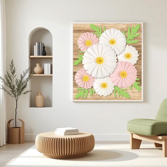 SUNBEAUTY 7 Stück 3D Weiß-Rosa Gänseblümchen Wanddeko,Papier Blumen Deko Künstliche Blumen für Muttertag Wohnzimmer Wanddekoration Schlafzimmer Innen Frühling Deko,Kinderzimmer Deko