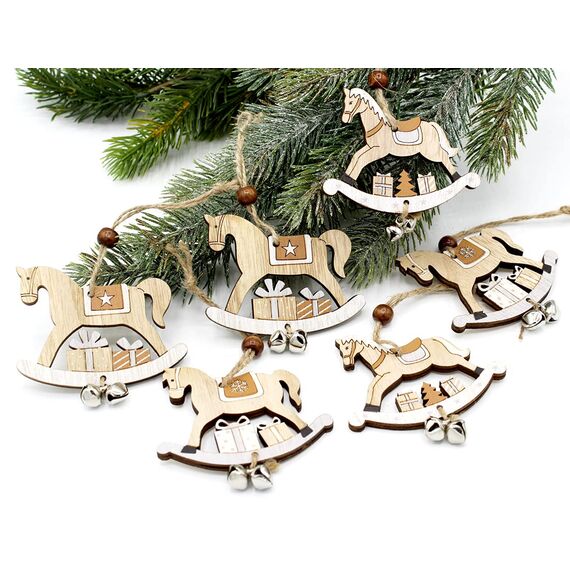 6er Anhänger Schaukelpferd Winter Deko Pferd Holz Christbaumschmuck Holzanhänger Dekoanhänger grau (Schaukelpferd Anhänger Deko)