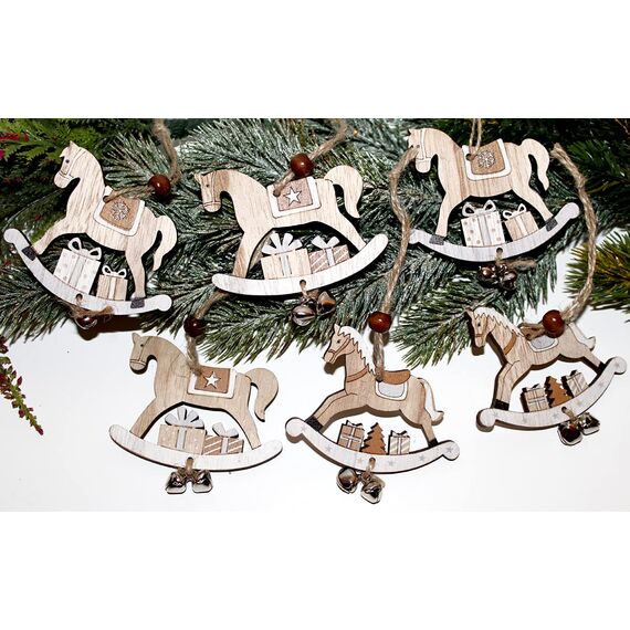 6er Anhänger Schaukelpferd Winter Deko Pferd Holz Christbaumschmuck Holzanhänger Dekoanhänger grau (Schaukelpferd Anhänger Deko)
