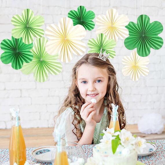 SUNBEAUTY 9 Stück Papier Fächer Dekoration Hanging Girlande Grüne Beige Blumen Papierfächer Party Deko Set für Hochzeit Geburtstag Tischdeko Classroom Baby Shower