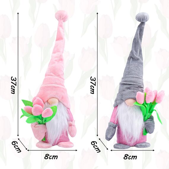 ENLACE Frühling Wichtel mit Tulpen Blumensträuße, Muttertag Wichtel, Handgefertigte Frühlingsdeko Puppe Zwerg Dekorationen, für Freundin Mama Hochzeitstag Muttertag, 2 Stück