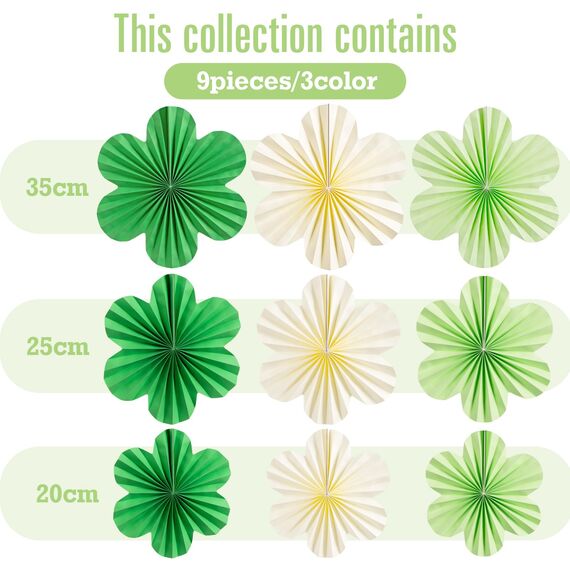 SUNBEAUTY 9 Stück Papier Fächer Dekoration Hanging Girlande Grüne Beige Blumen Papierfächer Party Deko Set für Hochzeit Geburtstag Tischdeko Classroom Baby Shower