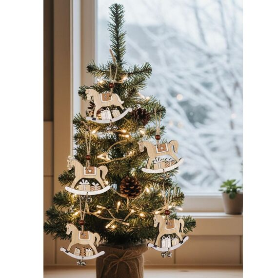 6er Anhänger Schaukelpferd Winter Deko Pferd Holz Christbaumschmuck Holzanhänger Dekoanhänger grau (Schaukelpferd Anhänger Deko)