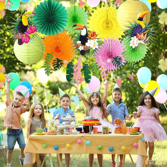 SUNBEAUTY Hawaii Party Deko Sommer Party Dekorationen Gartenparty Geburtstagsdeko Tropische Vogel Grün Blatt Girlande Papier Laternen für Tropische Sommer Beach Party Deko