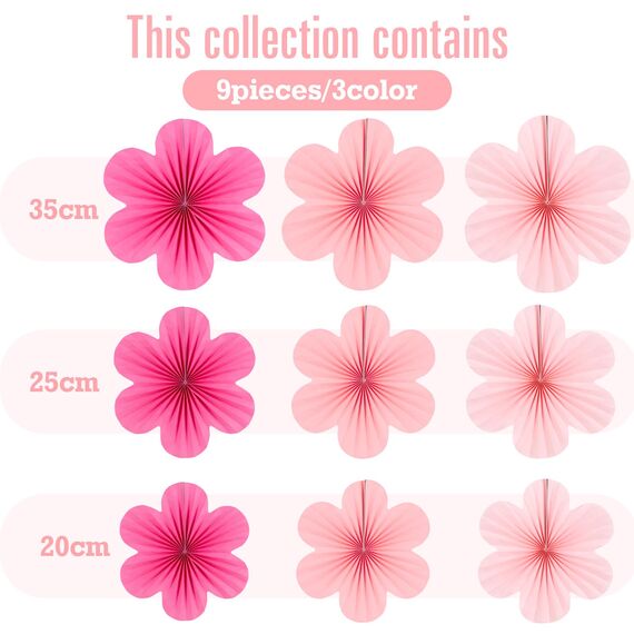 SUNBEAUTY 9 Stück Papier Fächer Dekoration Papierblumen zum Aufhängen Rosa Blumen Papier Party Deko Set für Hochzeit Geburtstagsdeko Tischdeko Baby Shower Frühling Sommer Deko