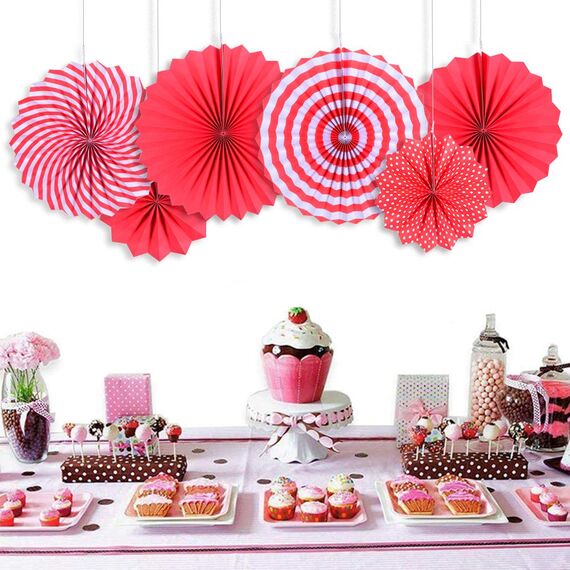 SUNBEAUTY Papier Fächer Dekoration Rot Papier Rosetten Deko für Geburtstag Jahrestag Hochzeit 20cm 30cm 42cm (Rot)