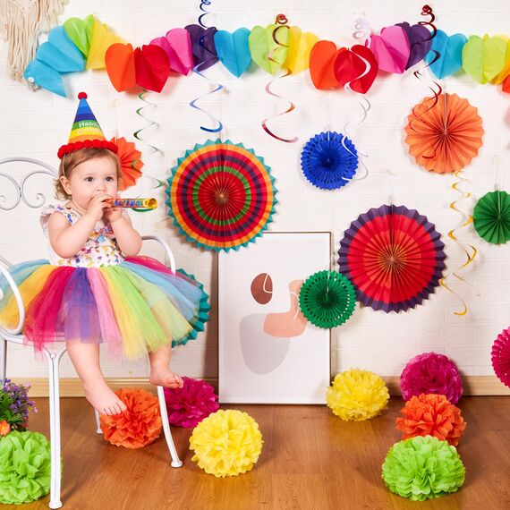 SUNBEAUTY 33PCS Bunte Party Deko Regenbogen Pompons Deko Hanging Fiesta Paper Fans Colourful Garland and Hanging Spiral Garland for Kindergeburtstag Wedding Birthday Mexican Fiesta Cinco De Mayo