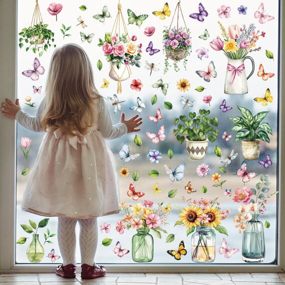 Moxled 9 Blatt Fensterbilder Frühling Blumen Selbstklebend - Fensterdeko Frühling Fenstersticker Topfpflanze Hängend Pflanzen Schmetterlinge Fensteraufkleber Wiederverwendbare für Kinderzimmer Deko