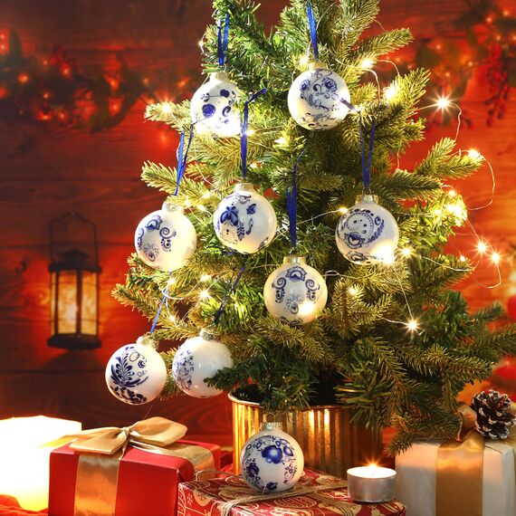Funtery Porzellan-Ornamente, Chinoiserie Kürbis-Deko, Anhänger für Weihnachten und Herbst, Keramik-Weihnachtsbaum-Ornamente, 9-teiliges Set, Blau/Weiß (Eleganter Stil)