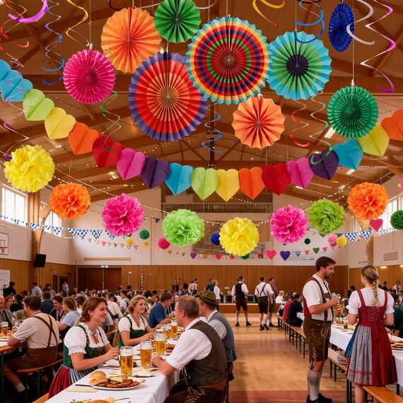 SUNBEAUTY 33PCS Bunte Party Deko Regenbogen Pompons Deko Hanging Fiesta Paper Fans Colourful Garland and Hanging Spiral Garland for Kindergeburtstag Wedding Birthday Mexican Fiesta Cinco De Mayo
