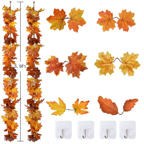 Artiflr Herbstgirlande, Ahornblatt, 1,5 m / Strang, hängende Rebe, künstliches Herbstlaub, Girlande, Erntedankfest, Dekoration für Zuhause, Hochzeit, Kamin, Party, Weihnachten, 2 Stück