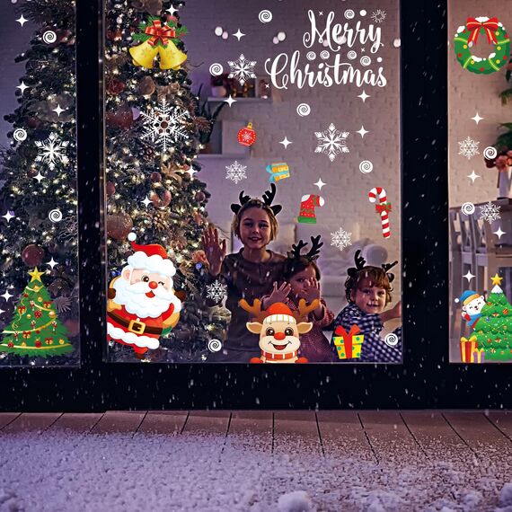 Moxled Fensterbilder Weihnachten Selbstklebend, 162 Fensterdeko Weihnachten mit Schneeflocken Weihnachtsmann Elch, Wiederverwendbar Statisch Haftende PVC Aufkleber für Fenster Tür Weihnachtsdeko