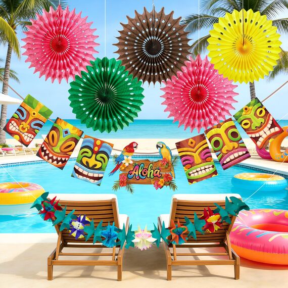 SUNBEAUTY 10 Stück Hawaii Party Deko Set Aloha-Thema Deko Tiki-Party Deko mit Tiki-Banner, Hängende Girlande Papierfächer Waben-Tischdeko für Sommer-Party, Luau Party, Geburtstag & Strand-Motto-Party