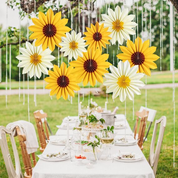 SUNBEAUTY 9 Stück Sonnenblumen Papierfächer Party Dekoration Gelb Seidenpapier Fächer Beige Hängende Girlande für Geburtstag Hochzeit Tischdeko Abschluss Party Deko