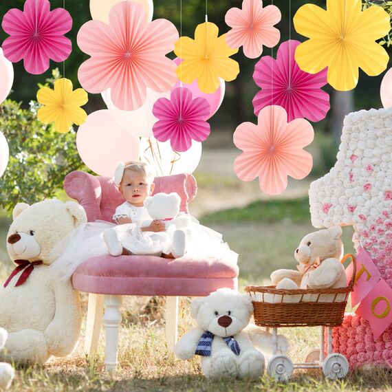 SUNBEAUTY 9 Stück Papier Fächer Dekoration Hanging Girlande Rosa Gelb Blumen Papierfächer Party Deko Set für Hochzeit Geburtstag Tea Party Tischdeko Classroom Baby Shower Backdrop Garland