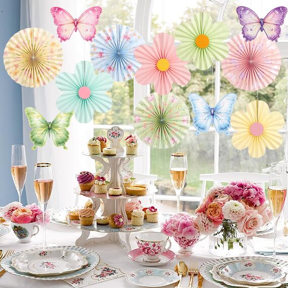 SUNBEAUTY 12 Stück Papier Fächer Dekoration Hanging Girlande Schmetterling Blumen Papierfächer Gartenparty deko Set für Hochzeit Geburtstag Tea Party Tischdeko Classroom Baby Shower Fasching Deko
