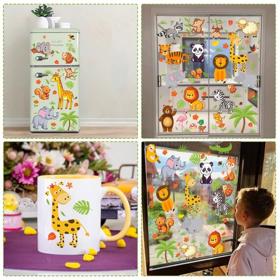 Moxled 9 Blatt Fensterbilder Kinderzimmer Selbstklebend - Waldtiere Wandtattoo Fenstersticker Wiederverwendbare Fensteraufkleber für Schlafzimmer Kinderzimmer Deko