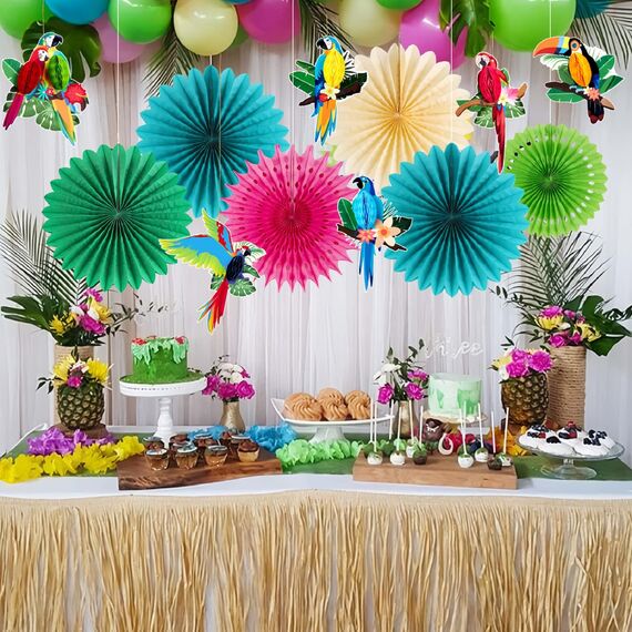 Sunbeauty 12 Stück Hawaii Party Deko Enthält 6 x Papier Fächer, 6 x Tropische Vogeldekoration, Hängende Girlande Papierfächer und Papagei Wabenbälle für Sommerdeko, Hawaii Deko, Dschungel Deko