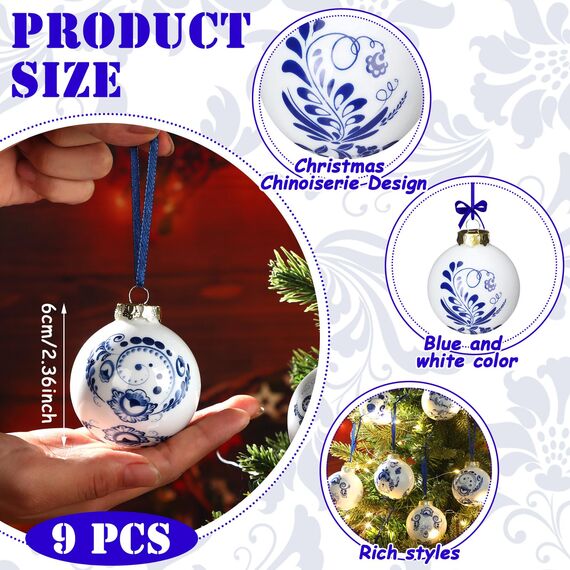 Funtery Porzellan-Ornamente, Chinoiserie Kürbis-Deko, Anhänger für Weihnachten und Herbst, Keramik-Weihnachtsbaum-Ornamente, 9-teiliges Set, Blau/Weiß (Eleganter Stil)