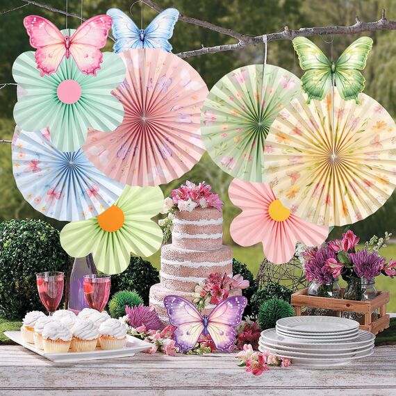 SUNBEAUTY 12 Stück Papier Fächer Dekoration Hanging Girlande Schmetterling Blumen Papierfächer Gartenparty deko Set für Hochzeit Geburtstag Tea Party Tischdeko Classroom Baby Shower Fasching Deko