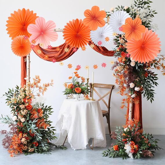 SUNBEAUTY 9 Stück Herbst Party Dekorationen Rot Orange Papier Fächer Dekor Hanging Gänseblümchen Girlande Rosa Weiß Blume Party Dekorationen für Hochzeit Geburtstag Klassenzimmer Baby Shower