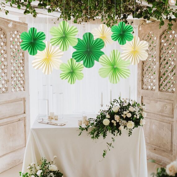 SUNBEAUTY 9 Stück Papier Fächer Dekoration Hanging Girlande Grüne Beige Blumen Papierfächer Party Deko Set für Hochzeit Geburtstag Tischdeko Classroom Baby Shower