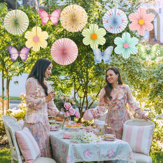 SUNBEAUTY 12 Stück Papier Fächer Dekoration Hanging Girlande Schmetterling Blumen Papierfächer Gartenparty deko Set für Hochzeit Geburtstag Tea Party Tischdeko Classroom Baby Shower Fasching Deko