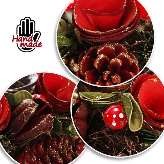 COM-FOUR® Teelichthalter - dekorativer Kerzenständer für Weihnachten und Herbst - Kerzenhalter mit natürlichen Materialien - Handarbeit (Adventsgesteck rote Blume - 2 Kerzen)