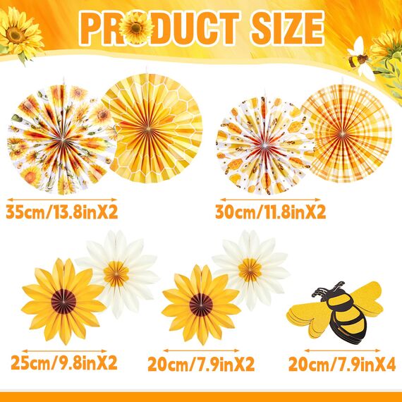 SUNBEAUTY 12 Stück Papierfächer Dekoration Sonnenblumen Geburtstag Hängende Papier Fächer 3D Bienen für Hochzeit Sommer Geburtstag Kinderparty Tea Party Tischdeko Muttertag Deko Classroom Baby Shower