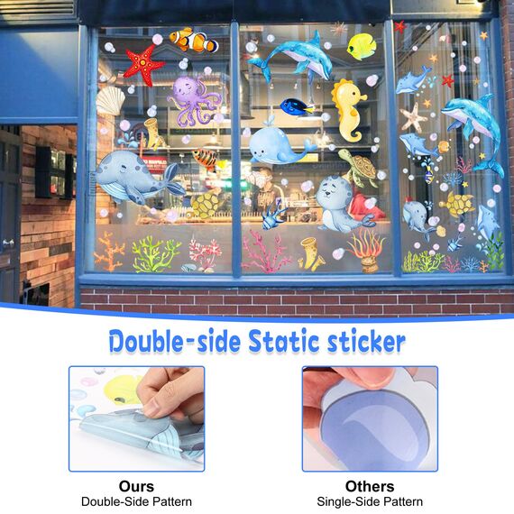 Moxled 9 Blatt Fensterbilder Kinderzimmer Selbstklebend - Meerestiere Wandtattoo Badezimmer Fenstersticker Wiederverwendbare Unterwasserwelt Fensteraufkleber für Kinderzimmer Badezimmer Deko