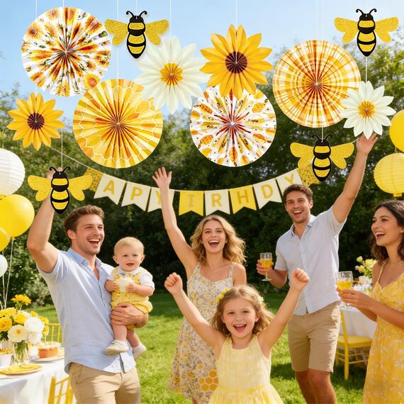 SUNBEAUTY 12 Stück Papierfächer Dekoration Sonnenblumen Geburtstag Hängende Papier Fächer 3D Bienen für Hochzeit Sommer Geburtstag Kinderparty Tea Party Tischdeko Muttertag Deko Classroom Baby Shower