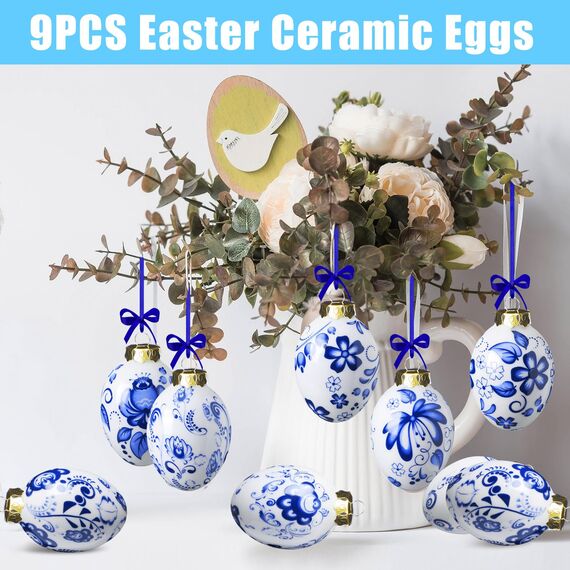 Funtery Porzellan-Ornamente, Chinoiserie Ostereier-Deko, Anhänger für Osterbaum, Keramik-Hängeornamente, 9-teiliges Set, Blau/Weiß (Ei-Stil)