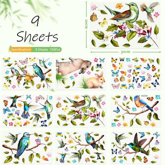 Moxled 9 Blatt Fensterbilder Frühling Vögel Selbstklebend - Fensterdeko Frühling Fenstersticker Blumen Schmetterlinge Sommer Fensteraufkleber Wiederverwendbare für Kinderzimmer Ostern Deko