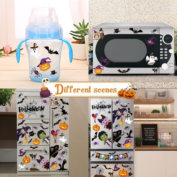 Moxled Halloween Deko Fensteraufkleber, Kürbis Spinnennetz Fledermaus Fensterbilder, 9 Blätte Halloween Fenster Tür Aufkleber, 55Pcs Geister Vampir Hexe Wandaufkleber für Kinderzimmer Party