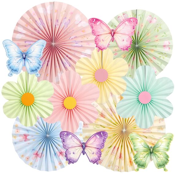 SUNBEAUTY 12 Stück Papier Fächer Dekoration Hanging Girlande Schmetterling Blumen Papierfächer Gartenparty deko Set für Hochzeit Geburtstag Tea Party Tischdeko Classroom Baby Shower Fasching Deko