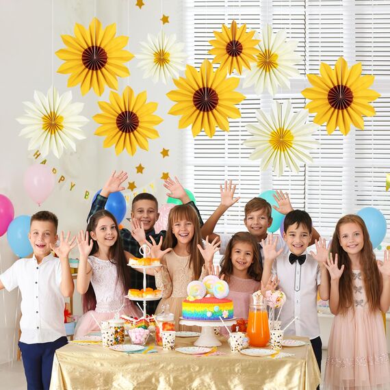SUNBEAUTY 9 Stück Sonnenblumen Papierfächer Party Dekoration Gelb Seidenpapier Fächer Beige Hängende Girlande für Geburtstag Hochzeit Tischdeko Abschluss Party Deko