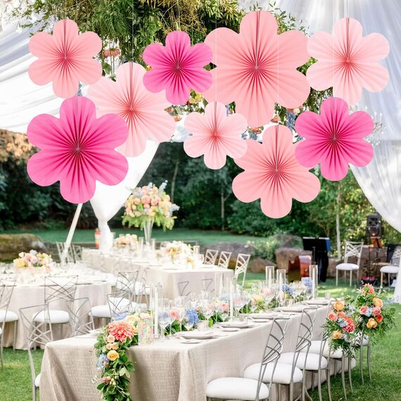 SUNBEAUTY 9 Stück Papier Fächer Dekoration Papierblumen zum Aufhängen Rosa Blumen Papier Party Deko Set für Hochzeit Geburtstagsdeko Tischdeko Baby Shower Frühling Sommer Deko