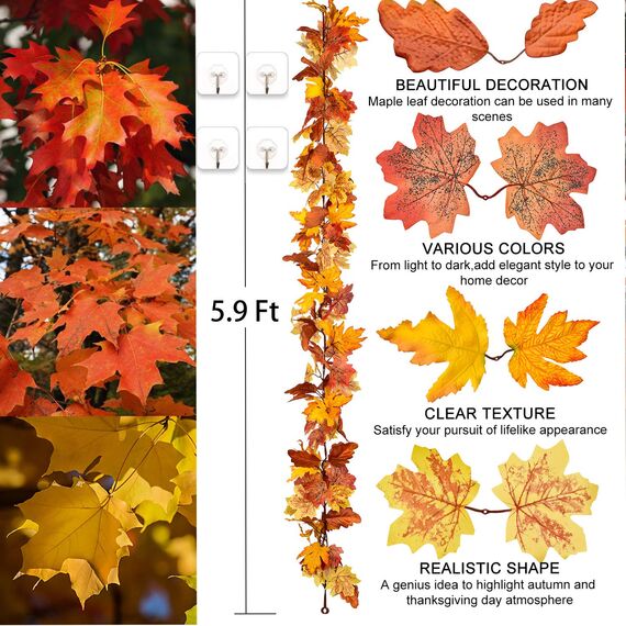 Artiflr Herbstgirlande, Ahornblatt, 2 Stück, 1,5 m / Stück, hängende Rebe, künstliches Herbstlaub, Girlande, Erntedankfest, Dekoration für Zuhause, Hochzeit, Kamin, Party, Weihnachten