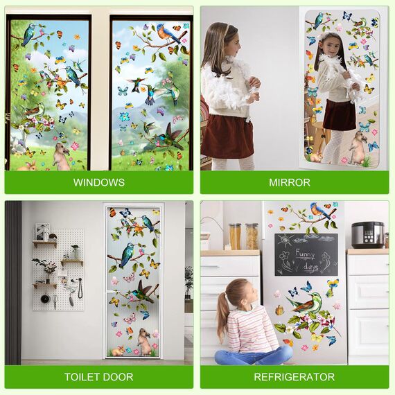 Moxled 9 Blatt Fensterbilder Frühling Vögel Selbstklebend - Fensterdeko Frühling Fenstersticker Blumen Schmetterlinge Sommer Fensteraufkleber Wiederverwendbare für Kinderzimmer Ostern Deko