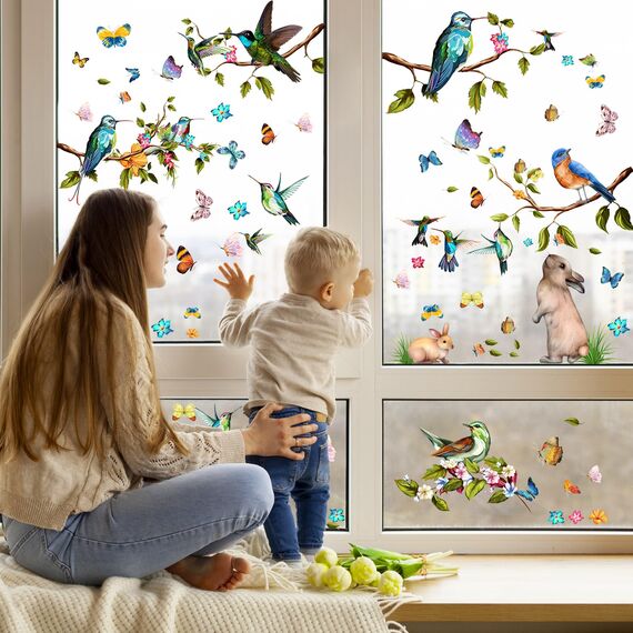 Moxled 9 Blatt Fensterbilder Frühling Vögel Selbstklebend - Fensterdeko Frühling Fenstersticker Blumen Schmetterlinge Sommer Fensteraufkleber Wiederverwendbare für Kinderzimmer Ostern Deko