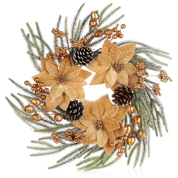 COM-FOUR® Türkranz Weihnachten - Adventskranz mit großen Blüten und Glitzer - Dekokranz Herbst - Weihnachtsdeko - Tischkranz - Weihnachtskranz